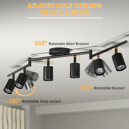 LED 6 Light Track Lighting Kit, 3 Color Adjustable Ceiling Spot Lighting Includes 6 x GU10 Bulb, Modern Track Light Fixture with Rotatable Heads for Kitchen, Living Room, Bedroom