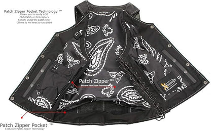 XS1029 Women's 'Paisley' Black Motorcycle Leather Vest with Side Lace Adjustment
