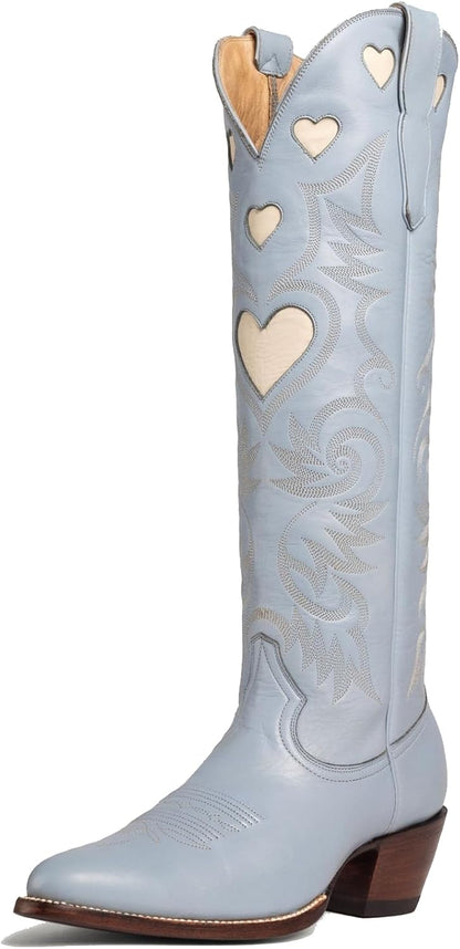 Size 6.5 Alsoloveu Embroidered Cowboy Boots Women Heart pattern Knee High Cowgirl Boot Chunky Heel Pull On Western Booties Size 8 US, Blue