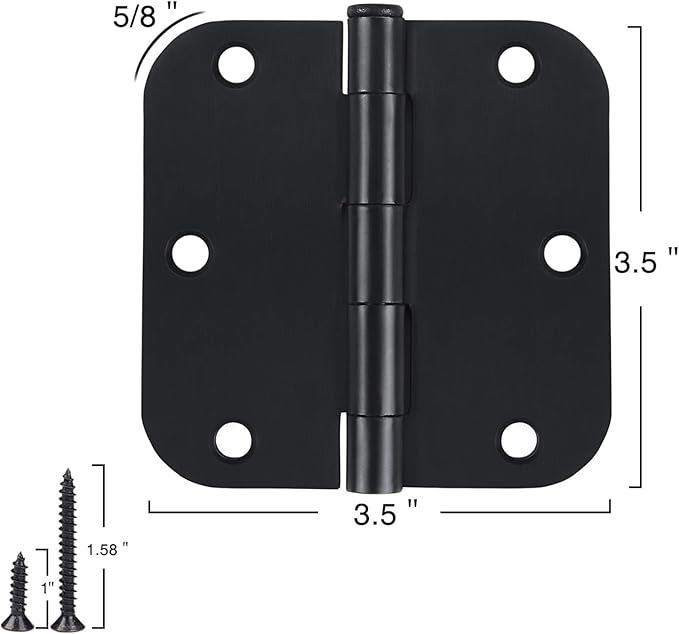 Rounded Door Hinges 3-12" x 3.5 inch, 58 Radius, Matte Black 3 12 Inch 6 Pack