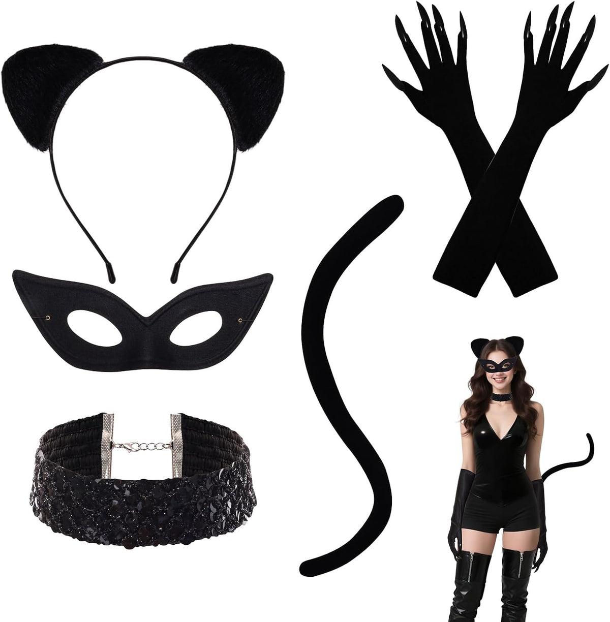 Heliltd 5pcs Cat Costume Accessories with Ears Headband Mask Gloves Necklace and Tail Cat Womens Costume for Women Cosplay Halloween Party Black