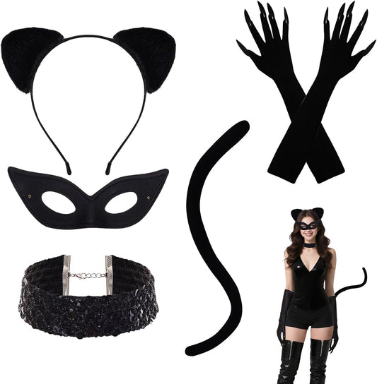 Heliltd 5pcs Cat Costume Accessories with Ears Headband Mask Gloves Necklace and Tail Cat Womens Costume for Women Cosplay Halloween Party Black