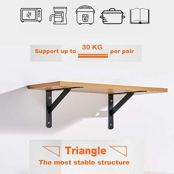 8Pcs Shelf Brackets Heavy Duty Triangle Shelving Brackets Right Angle Wall Mounted Shelf Supporters, Black 6 Inch