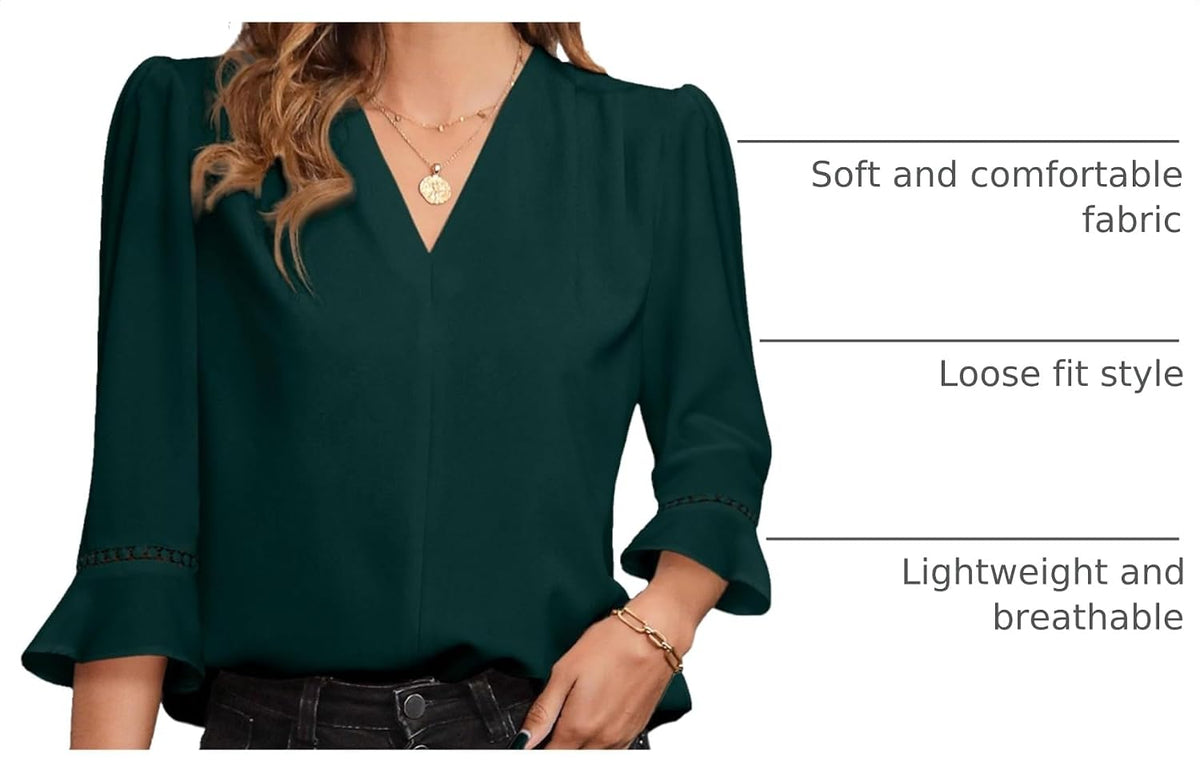Women's 3/4 Sleeve Tops Dressy Casual Pleated V Neck Business Work Blouses Office Shirts