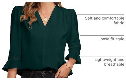 Women's 3/4 Sleeve Tops Dressy Casual Pleated V Neck Business Work Blouses Office Shirts