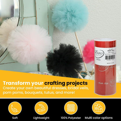 Expo International Decorative Matte Tulle, Lightweight Polyester Tulle Fabric for Tutus, Costumes, and Party Decorations, Washable, Easy-to-Use, 6 Inch x 25 Yards, Red, Pack of 1