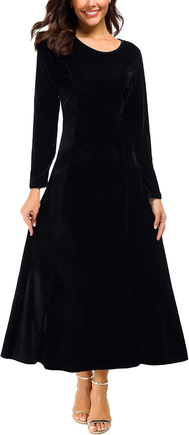 Urban CoCo Women's Elegant Long Sleeve Ruched Velvet Stretchy Long Dress .