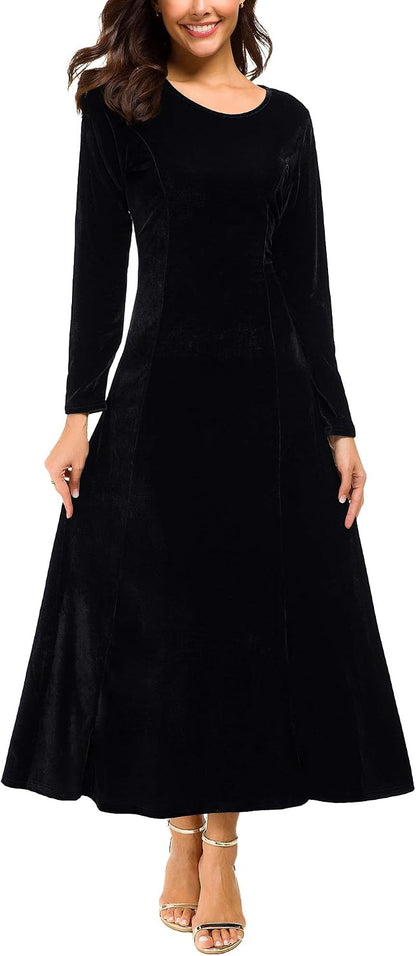 Urban CoCo Women's Elegant Long Sleeve Ruched Velvet Stretchy Long Dress .