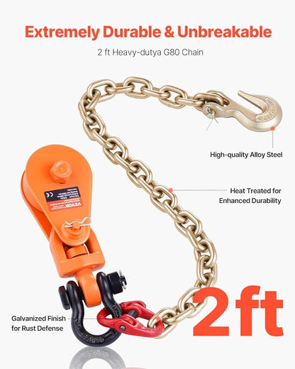 VEVOR 2 Ton Snatch Block with G80 Chain, Swivel Shackle, 3" Sheave for 3/8" Wire Rope, Snatch Block Pulley for Towing and Recovery Applications on Flatbed Tow Truck Rollback Wrecker Car Carrier Cable