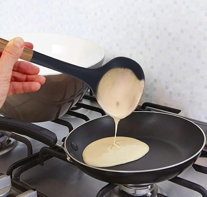 Bene Casa - Black Ladle with Wood Like Handle, Heat Resistant. Black Ladle wWood Like Handle, 14"