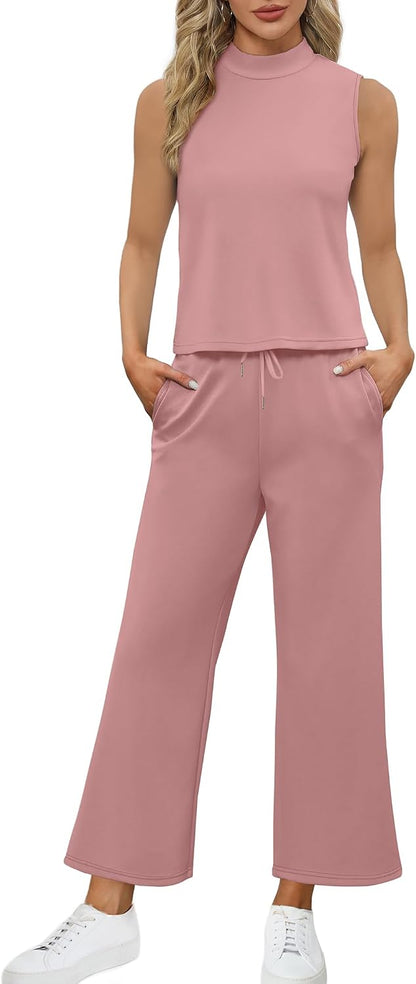 SAMPEEL Two Piece Sets for Women Summer Outfits Lounge Sets Mock Neck Tops Wide Leg Crop Pants Vacation Travel Outfits