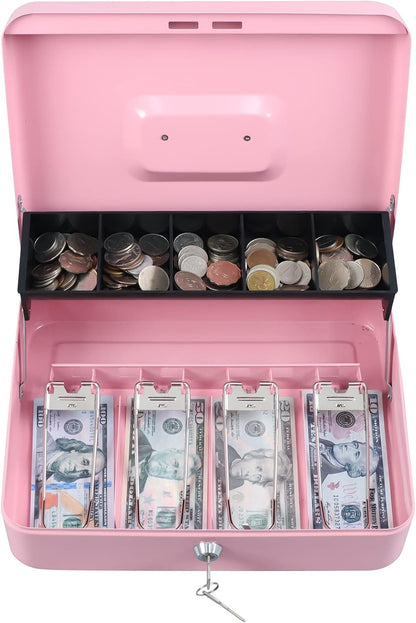 Cash Box with Money Tray and Key Lock,Tiered, Cantilever Design,4 Bill / 5 Coin Slots,11.8" x 9.5" x 3.5",Pink