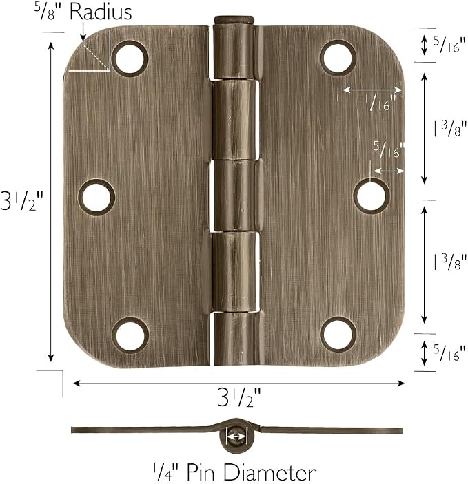 Design House Interior Door Hinges, 3.5 in. x 3.5 in., Rounded, 5/8-in. Radius, Steel, Pre-Lubricated, Door Hardware, Antique Brass, 6-Pack, 189746