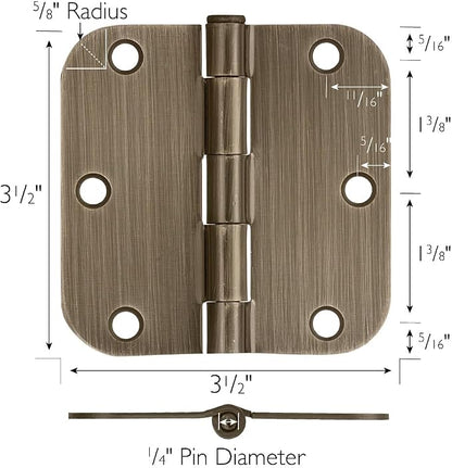 Design House Interior Door Hinges, 3.5 in. x 3.5 in., Rounded, 5/8-in. Radius, Steel, Pre-Lubricated, Door Hardware, Antique Brass, 6-Pack, 189746