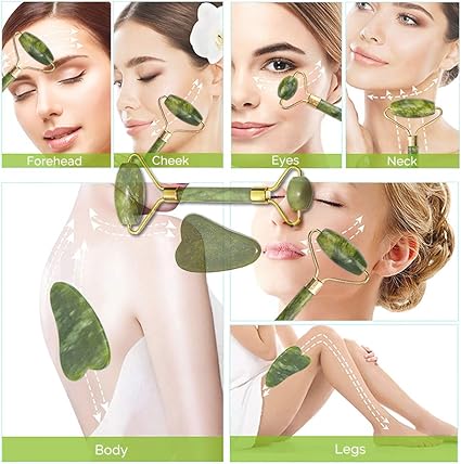 Gua Sha Facial Tools Set and Jade Roller for Face - 100 Real Natural Stone Beauty Massage Tool for Face, Eyes, Neck, Body - Anti-Aging Beauty Treatment