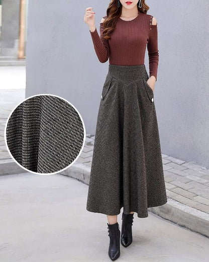 Kinghua Womens Wool Plaid Skirt Fall Winter High Waisted Bodycon Pencil Skirt.