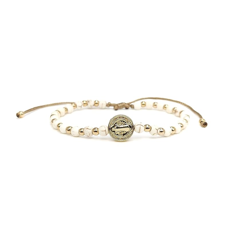 St Benedict Coin and Natural Round White Turquoise Beads Adjustable Bracelet for Women (Beige)