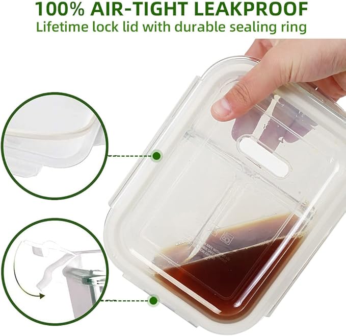 DAS TRUST 3 Pack Bento Box Glass Meal Prep Containers 3 Compartment Glass Food Storage Containers with Lids Lunch Box Meal Prep Bowls Glass Food Prep Containers Lunch Container Oven Safe