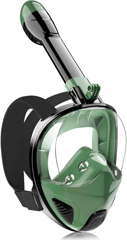 Full Face Snorkel Mask for Adults Teen, Snorkeling Gear with Detachable Camera Mount, Panoramic 180° View, Anti-Fog Anti-Leak Snorkling Set for Man and Women (Black Dark Green-S/M)