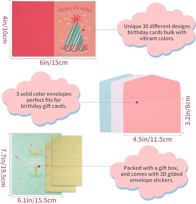 Birthday Cards Bulk - 30 PCS Unique Happy Birthday Gift Cards for Kids with Envelopes  Stickers, Birthday Greeting Cards For Women  Men, 30 Designs Gift Cards Birthday for Office, Family, Kids, Friends