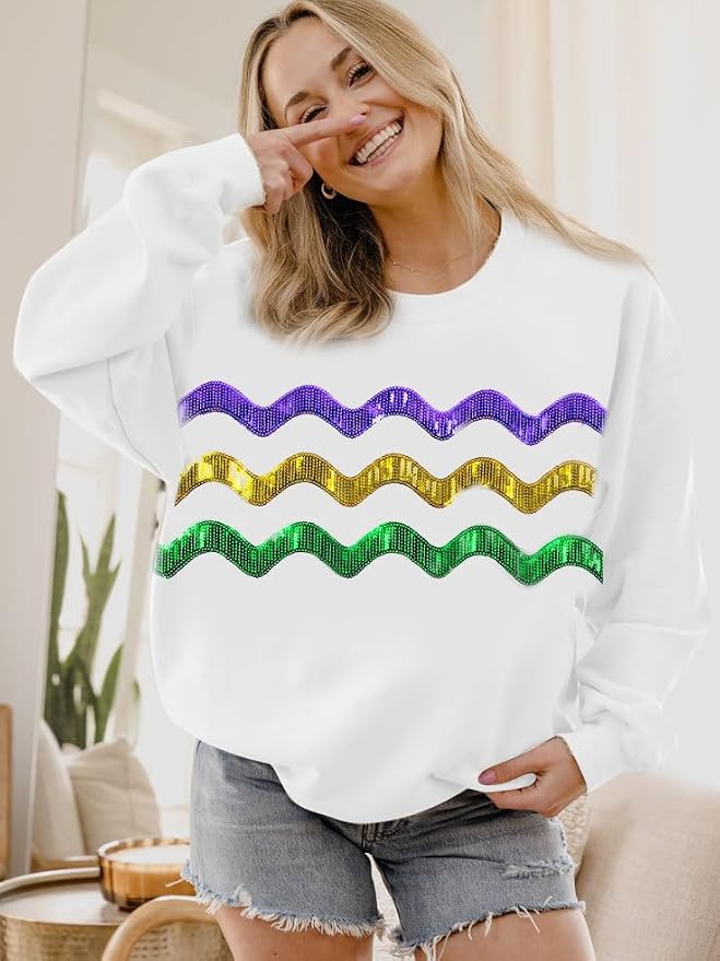 LUKYCILD Mardi Gras Sweatshirt Women Stripes Fat Tuesday Shirt Mask Graphic Carnival Long Sleeve Tee New Orleans Party Top