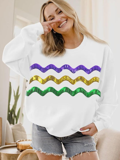LUKYCILD Mardi Gras Sweatshirt Women Stripes Fat Tuesday Shirt Mask Graphic Carnival Long Sleeve Tee New Orleans Party Top