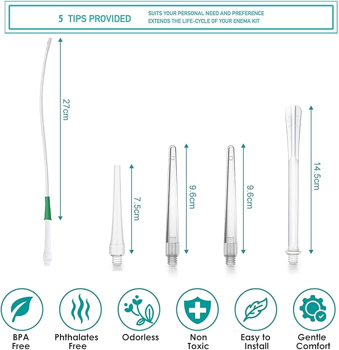 2L Enema Kit Colon Cleansing Irrigation Bag Set Silicone Enema Tubing Hose Tube Replacement, Coffee Enema Bucket Kit Home Shower Intestinal Irrigator for Men Women Detox Constipation 5Pcs Enema Nozzle