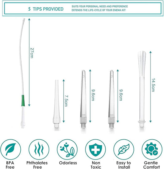 2L Enema Kit Colon Cleansing Irrigation Bag Set Silicone Enema Tubing Hose Tube Replacement, Coffee Enema Bucket Kit Home Shower Intestinal Irrigator for Men Women Detox Constipation 5Pcs Enema Nozzle