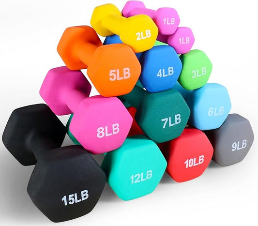 Neoprene Dumbbell Hand Weights, Anti-Slip, Anti-roll, Hex Shape Colorful, Pair or Set with Stand