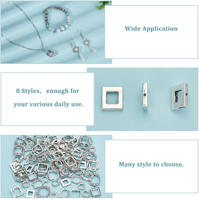 PH PandaHall 112pcs 8 Styles Bead Frames, Double Hole Frame Spacer Beads SquareOvalRound Bead Hugger Frame Connectors for DIY Earring Bracelet Necklace Jewelry Crafts Making, Antique Silver