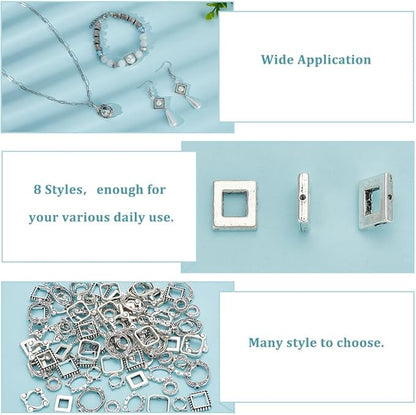 PH PandaHall 112pcs 8 Styles Bead Frames, Double Hole Frame Spacer Beads SquareOvalRound Bead Hugger Frame Connectors for DIY Earring Bracelet Necklace Jewelry Crafts Making, Antique Silver