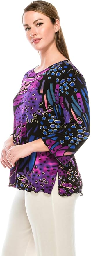 Jostar Women's Print T Shirt - 3/4 Sleeve Merrow Hem Round Neck Stretch Printed Casual Top Blouse