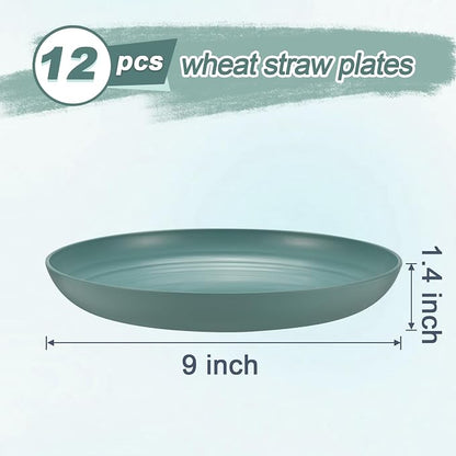 HEYCOME 12 Pcs Unbreakable Deep Dinner Plates Set, 9 inch Reusable Plastic Wheat Straw Plates, Microwave and Dishwasher Safe Plate for Kitchen, Lightweight Plate for Dessert, BPA Free, 4 Colors