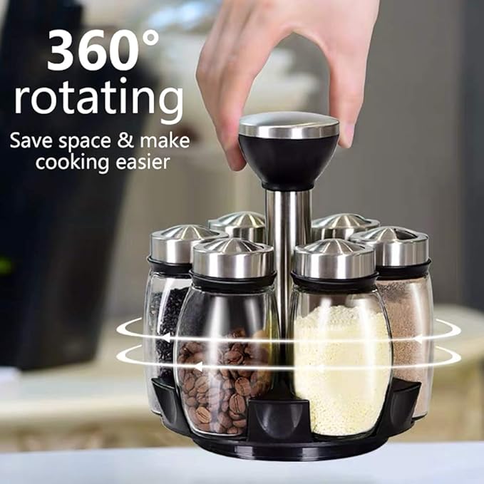 6-Jar Revolving Spice Rack Organizer Holder, Kitchen Countertop Seasoning Stand Organizer Include 6 Glass Jar Bottles, Great Gift For Chefs  Foodies (Spices Not Included)