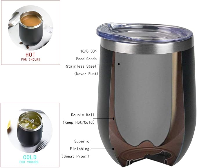 Wine Tumbler - 4 Pack 12 oz Stainless Steel Tumbler with Lid,Stemless Double Wall Vacuum Insulated Travel Cup for Wine,Coffee,Cocktails(Black)