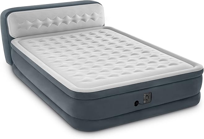 Intex 64447ED Dura-Beam Deluxe Ultra Plush Air Mattress with Headboard: Fiber-Tech  Queen Size  Built-in Electric Pump  18in Bed Height  600lb Weight Capacity