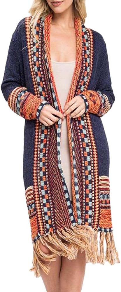Navy Blue With Yellow Colors FERBIA Women Boho Cardigan Sweater Long Open Front Maxi Knit Sweaters Aztec Tribal Tassel Fringe Thin Coat