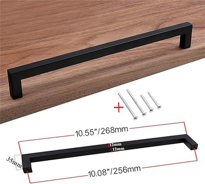 Modern Square Cabinet Handles, 10.5" Matte Black Cabinet Pulls Drawer Pulls Furniture Hardware for Kitchen Cabinets Cupboard Drawer Handles