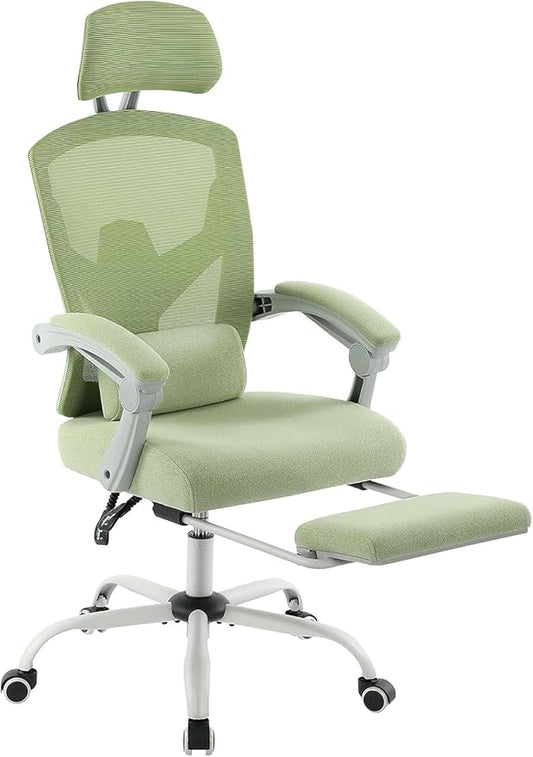 DUMOS Home Office Desk Chair with Footrest, High-Back Mesh Rolling Swivel Reclining Chairs with Wheels, Comfortable Headrest, Lumbar Support, Comfy Arms for Home, Office, Gaming, Student, Green