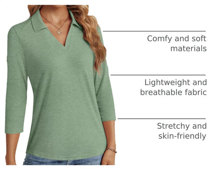 LYHIPSS 3/4 Length Sleeve Womens Tops Dressy Casual V Neck Polo Shirts Business Work Blouses 2025 Trendy Tunic Top
