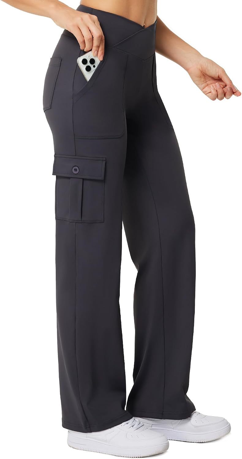 Casei Women's Wide Leg Yoga Pants with 6 Pockets Stretchy Cargo Work Dress Pants High Waisted Travel Scrub Trousers
