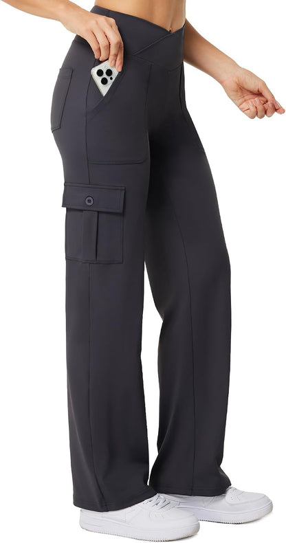 Casei Women's Wide Leg Yoga Pants with 6 Pockets Stretchy Cargo Work Dress Pants High Waisted Travel Scrub Trousers