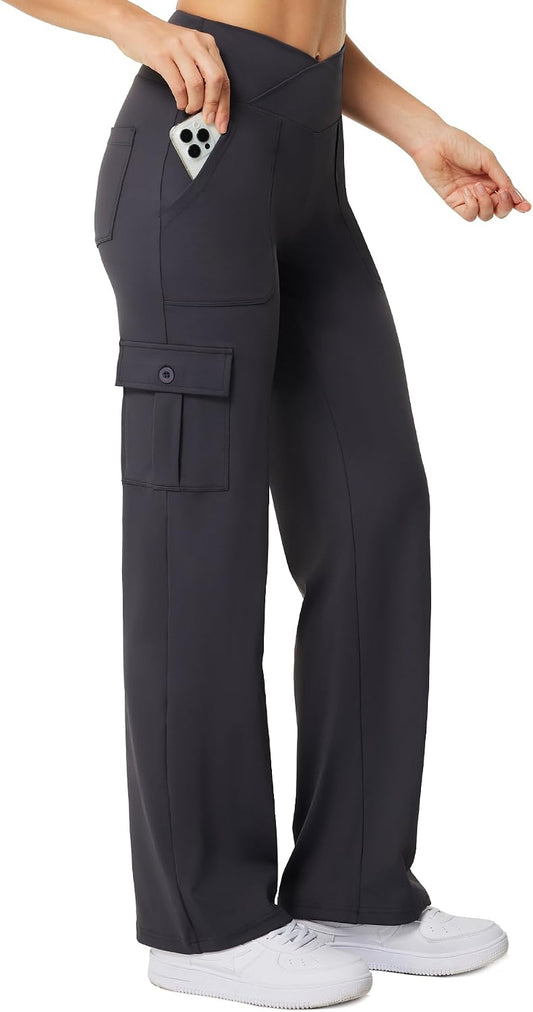 Casei Women's Wide Leg Yoga Pants with 6 Pockets Stretchy Cargo Work Dress Pants High Waisted Travel Scrub Trousers