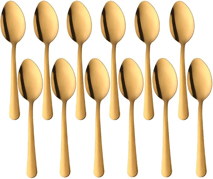 7 Inch Premium Stainless Steel Teaspoons Silverware Dongbo Dinner Spoons Rustic Spoons Flatware Set of 12 for Home Kitchen or Restaurant Dishwasher Safe Gold