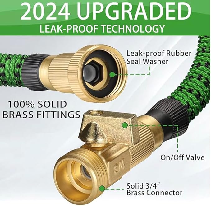 JB XpandaHose 100ft Expandable Garden Hose with Holder - Heavy Duty Superior Strength 3750D - 4 -Layer Latex Core - Extra Strong Brass Connectors and 10 Spray Nozzle wStorage Bag (Green 100)