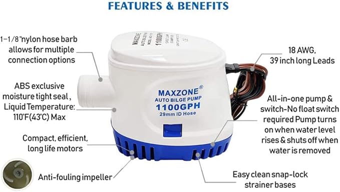 Automatic Submersible Boat Bilge Water Pump 12v 1100gph Auto with Float Switch (Blue - Automatic)