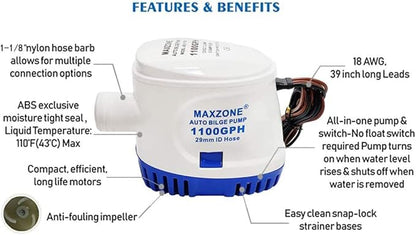 Automatic Submersible Boat Bilge Water Pump 12v 1100gph Auto with Float Switch (Blue - Automatic)