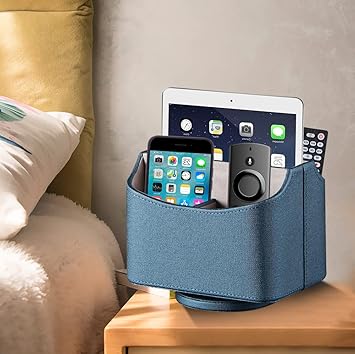PU Leather Remote Control Holder,360 Degree Spinning Desk TV Remote Caddy,Desk Organizers and Accessories,for Controller,Media,Mail,Calculator,Mobile Phone,Pen Storage Holder(Blue Cloth)
