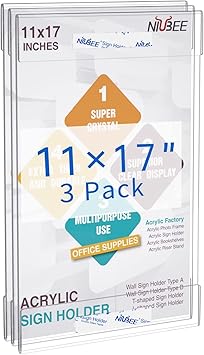 Niubee Acrylic Sign Holder 11 x 17 inches Wall Mount Sign Holders Clear Acrylic Frame with Double Sided Tape Clear Poster Frames Plastic Sign Holder for Office, Home, Restaurant, Vertical, 3 Pack