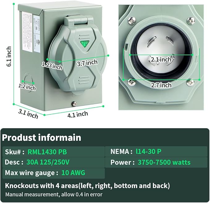 30 AMP Generator Inlet, NEMA L14-30P Power Inlet Box, 4-PRONG Waterproof Generator Power Inlet Box